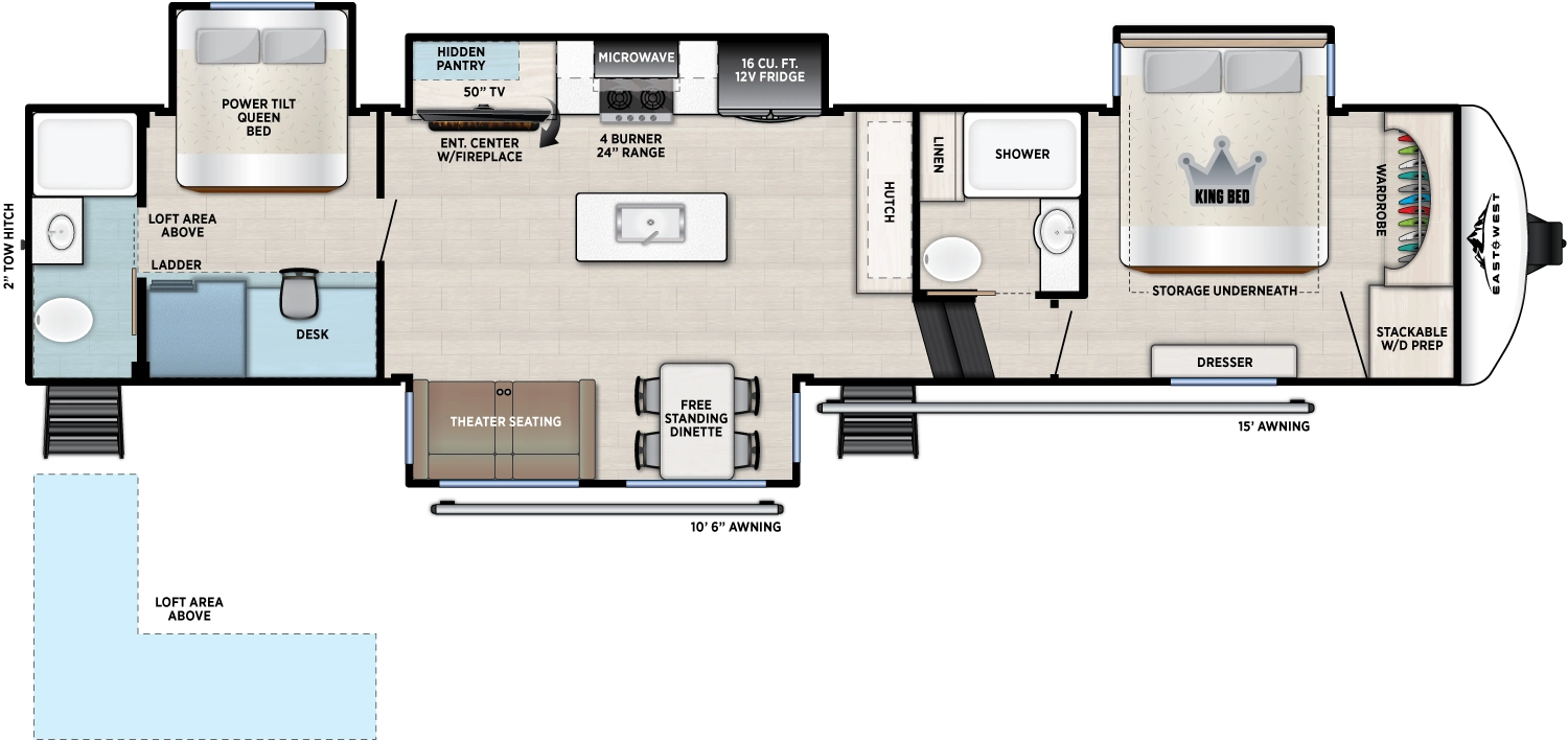 The Tandara 389DS floorplan has one entry and four slide outs. Exterior features include: fiberglass exterior and 10'6" & 15' awning. Interiors features include: loft, kitchen island, free-standing dinette option, front bedroom, rear bathroom and two full bathrooms.